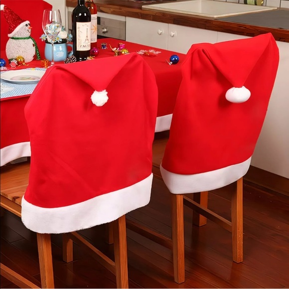 2 Chair Seat Cover Santa Claus Hat Red Pom Pom Christmas Xmas Party Decor NEW - Picture 3 of 10